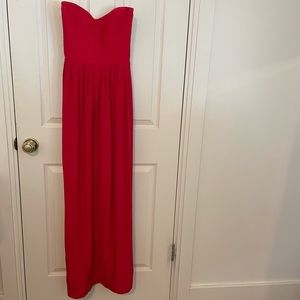 Red strapless floor-length dress